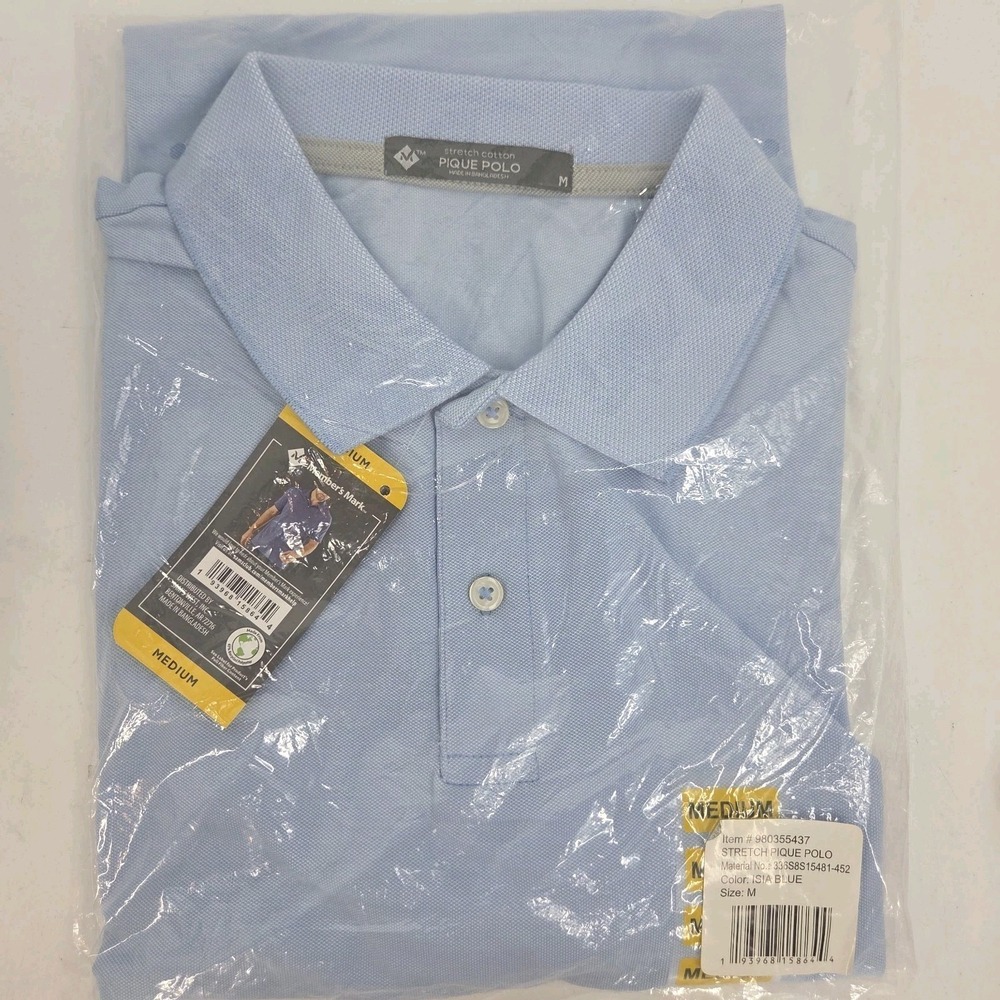 Members Mark Men's Stretch Pique Polo Shirt Medium Baby Blue NWT